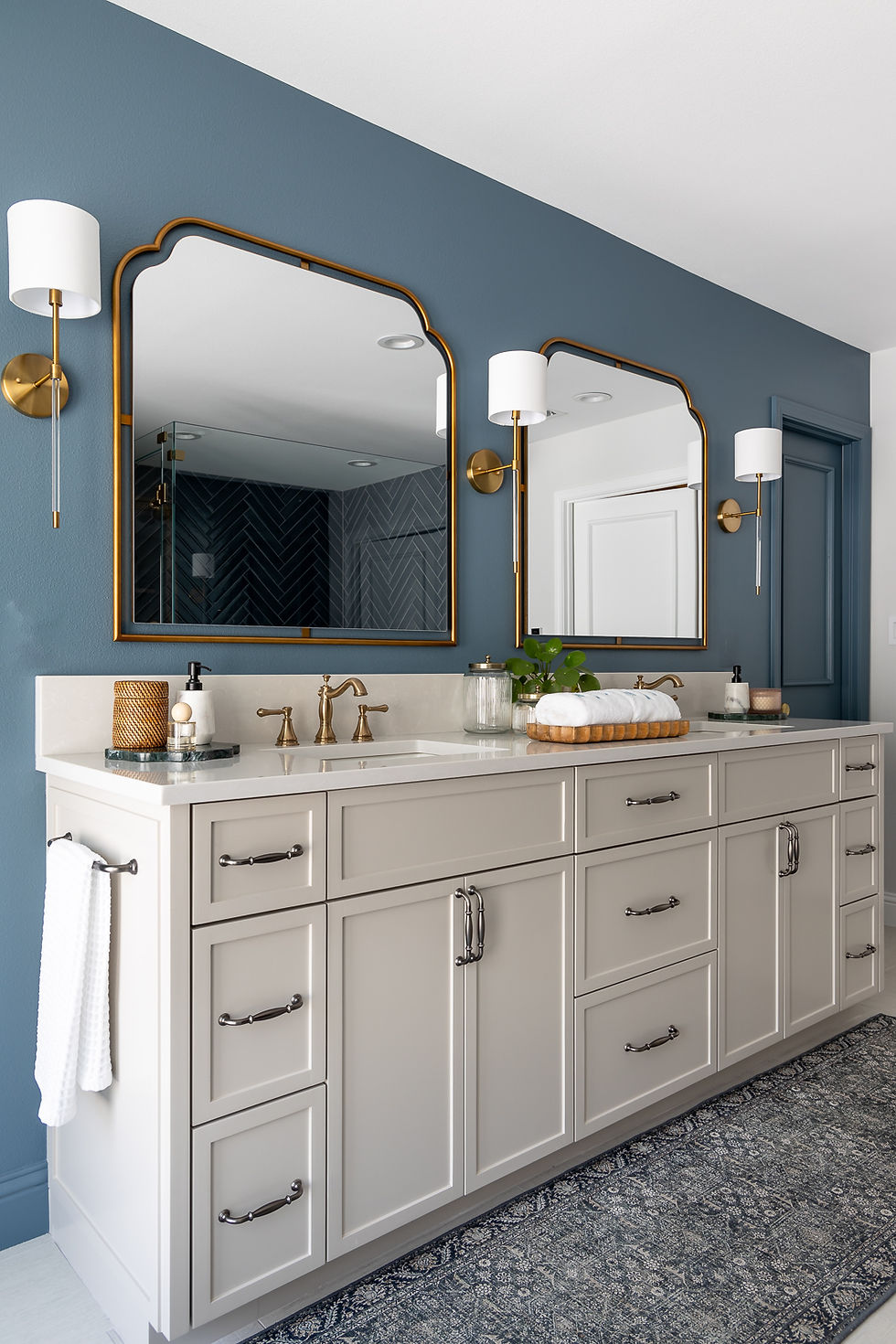 tara lenney design dallas master bath renovation dark finishes cream vanity
