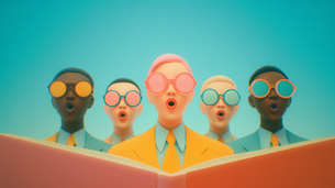 A conceptual image of diverse professionals looking out from a book, symbolizing their enlightenment after reading the ultimate guide to the new era of search.