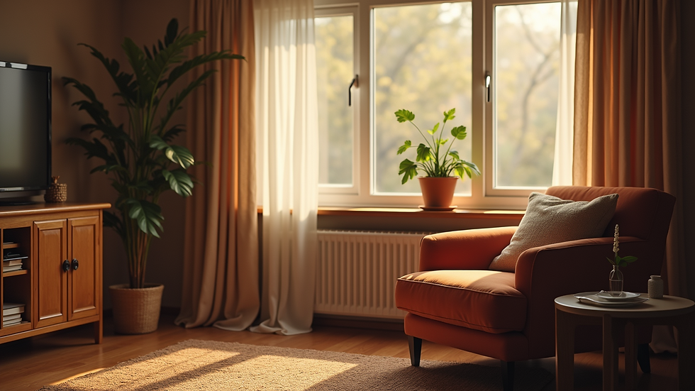 Eye-level view of a cozy living room with a comfortable chair and a warm ambiance