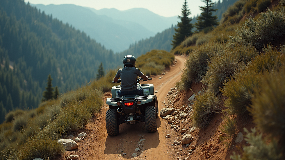 High angle view of a four-wheeler navigating a rugged mountain trail