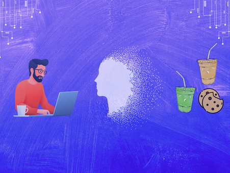 Man with laptop and coffee on purple circuit background, facing a dissolving silhouette. Two drinks and a cookie are on the right.