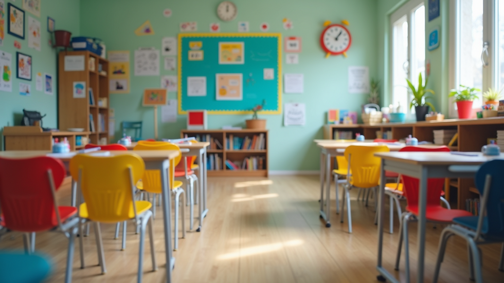 Wide angle view of a colorful classroom filled with educational materials