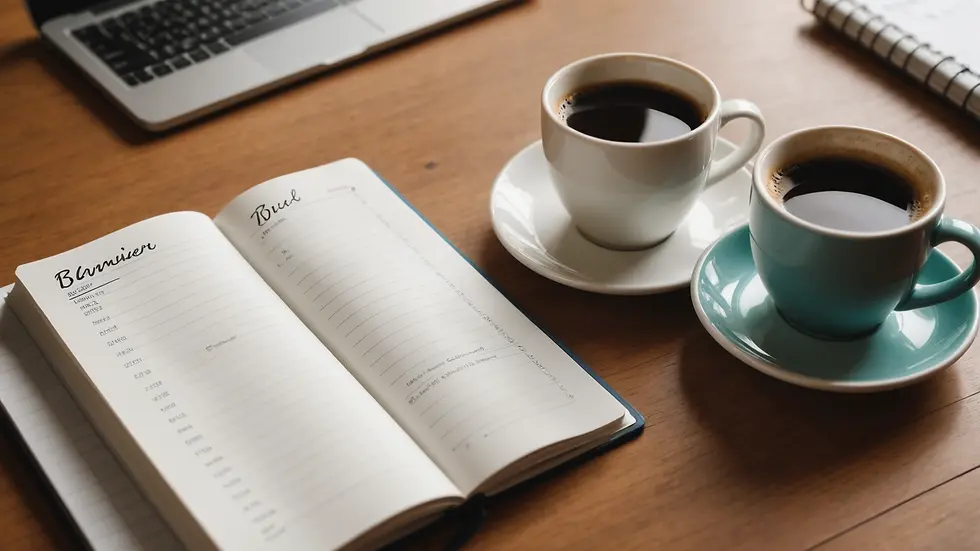 Close-up view of a coffee cup next to a busy planner