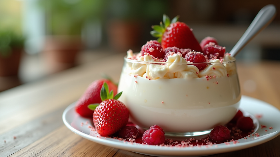 Eye-level view of a delicious yogurt parfait ready to eat