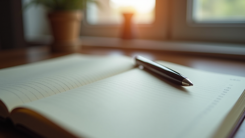 Eye-level view of a cozy workspace with an open journal and pen