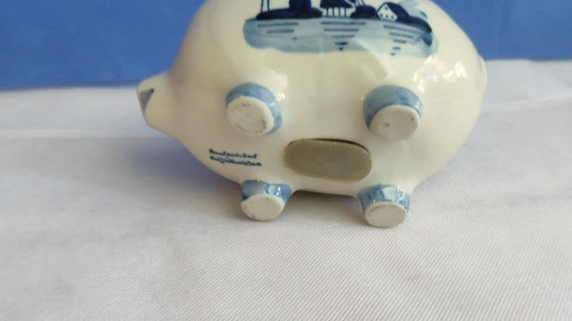 Thumbnail: bottom of large delft blue handpainted piggy savings bank with flowers and a windmill decoration beautiful gift from Holland