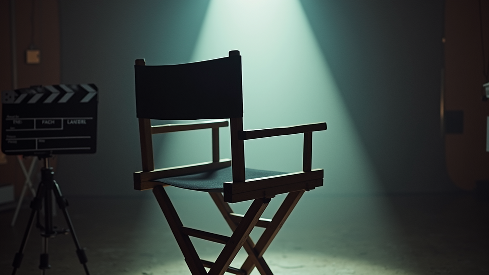 Eye-level view of a film set with a director's chair and a clapperboard