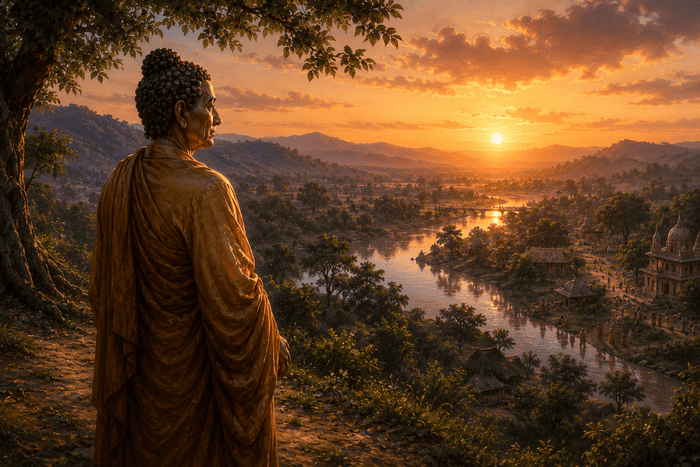 Ilustração representando Buddha Sakyamuni já idoso contemplando a paisagem e a cidade da Índia.