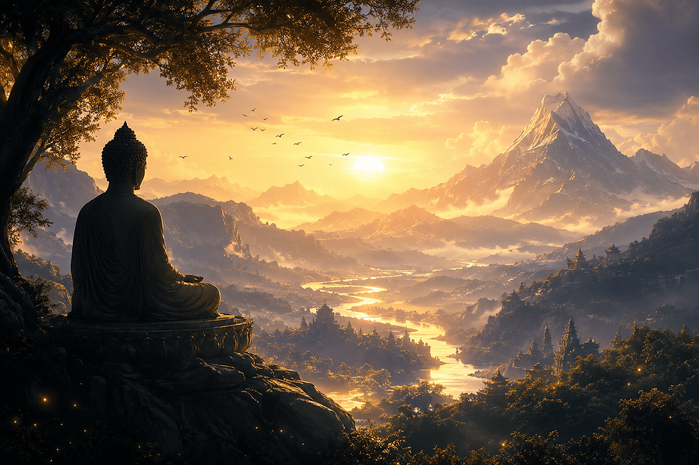 Estátua de Buda e uma vasta paisagem montanhosa iluminada pela luz dourada do amanhecer. Um rio serpenteia pelo vale envolto por névoa, enquanto templos distantes se espalham entre colinas e montanhas sob um céu luminoso. A cena transmite serenidade, contemplação e a ideia de uma jornada espiritual rumo à iluminação.