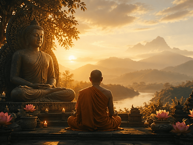 Ilustração mostrando um monge budista meditando diante de uma grande estátua de Buda ao pôr do sol. A cena é cercada por montanhas, rio, flores de lótus e velas acesas, transmitindo serenidade, contemplação e espiritualidade.