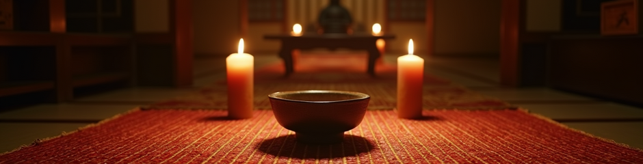 Espaço de prática espiritual com velas acesas e tigela sobre tapete