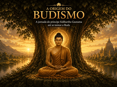 Ilustração em tons dourados mostrando o Buda meditando sob a Árvore Bodhi ao pôr do sol, cercado por um rio, montanhas e templos ao fundo. No topo da imagem aparece o título “A Origem do Budismo” e o subtítulo “A jornada do príncipe Siddhartha Gautama até se tornar o Buda”.