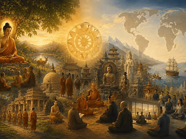 Ilustração panorâmica representando o desenvolvimento do Budismo ao longo da história. A imagem mostra Buda ensinando discípulos na Índia antiga, monges praticando meditação, templos e estátuas budistas de diferentes tradições asiáticas, além da expansão do Budismo pelo mundo até práticas contemporâneas de meditação. A cena possui tons dourados e atmosfera serena e espiritual.