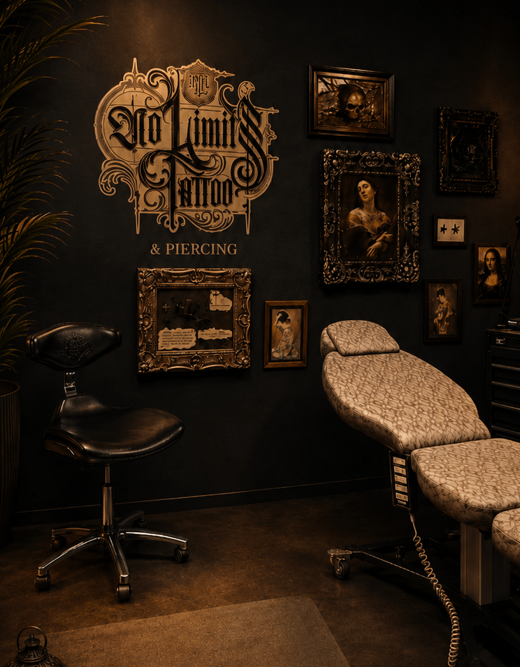 Tattoo- und Piercingstudio No Limits Tattoo & Piercing in Ibach bei Schwyz mit Logo an der Wand