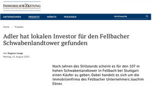Vogel Advisors hat beim Verkauf des Schwabenlandtowers die Adler Real Estate AG beraten.