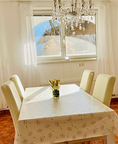 Esstisch mit 4 Stühlen mit Blick auf den Garten im Apartment Rauchkofel