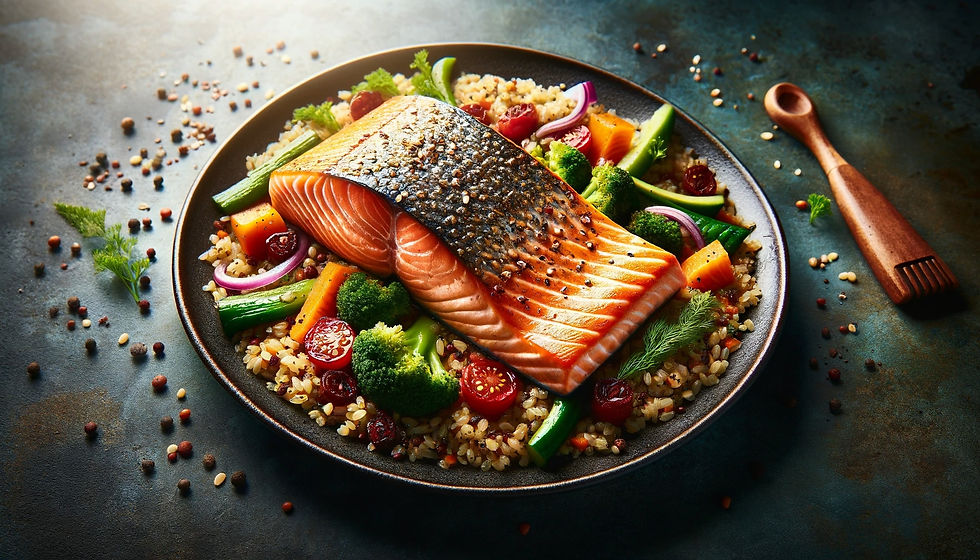 image showcasing a beautifully cooked salmon fillet, presented on a bed of vegetables or grains, highlighting its appeal in a healthy diet.