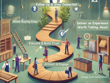 A visually engaging digital illustration of the five stages of a seamless customer journey, designed for cabinet makers. The image features a winding staircase or path progressing upwards, with each step representing a key stage: Attract & Engage (magnet pulling in customers with social media icons), Educate & Build Trust (glowing book, handshake, testimonials), Make Buying Easy (clear pricing, proposal, payment options), Deliver an Experience Worth Talking About (happy customers, high-quality cabinetry), and Follow Up & Stay Connected (thank-you card, referrals). The background showcases a realistic cabinet maker’s workshop, complete with wooden cabinets in progress, woodworking tools, workbenches, and sawdust in the air, emphasizing craftsmanship and industry expertise. The image is modern, professional, and inviting.