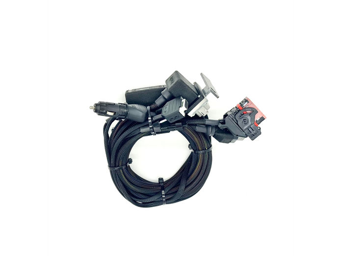 Birds-eye view of bundled Boundary Mapping & Field Surveying Harness with visible connectors for John Deere StarFire receivers, G5 Universal displays, and M-Modem, used in high-precision boundary mapping and field surveying
