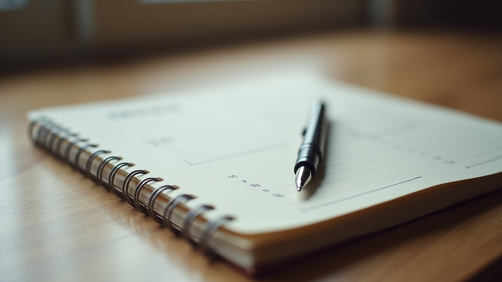 Close-up view of a journal and pen on a wooden table, symbolizing reflection and self-growth