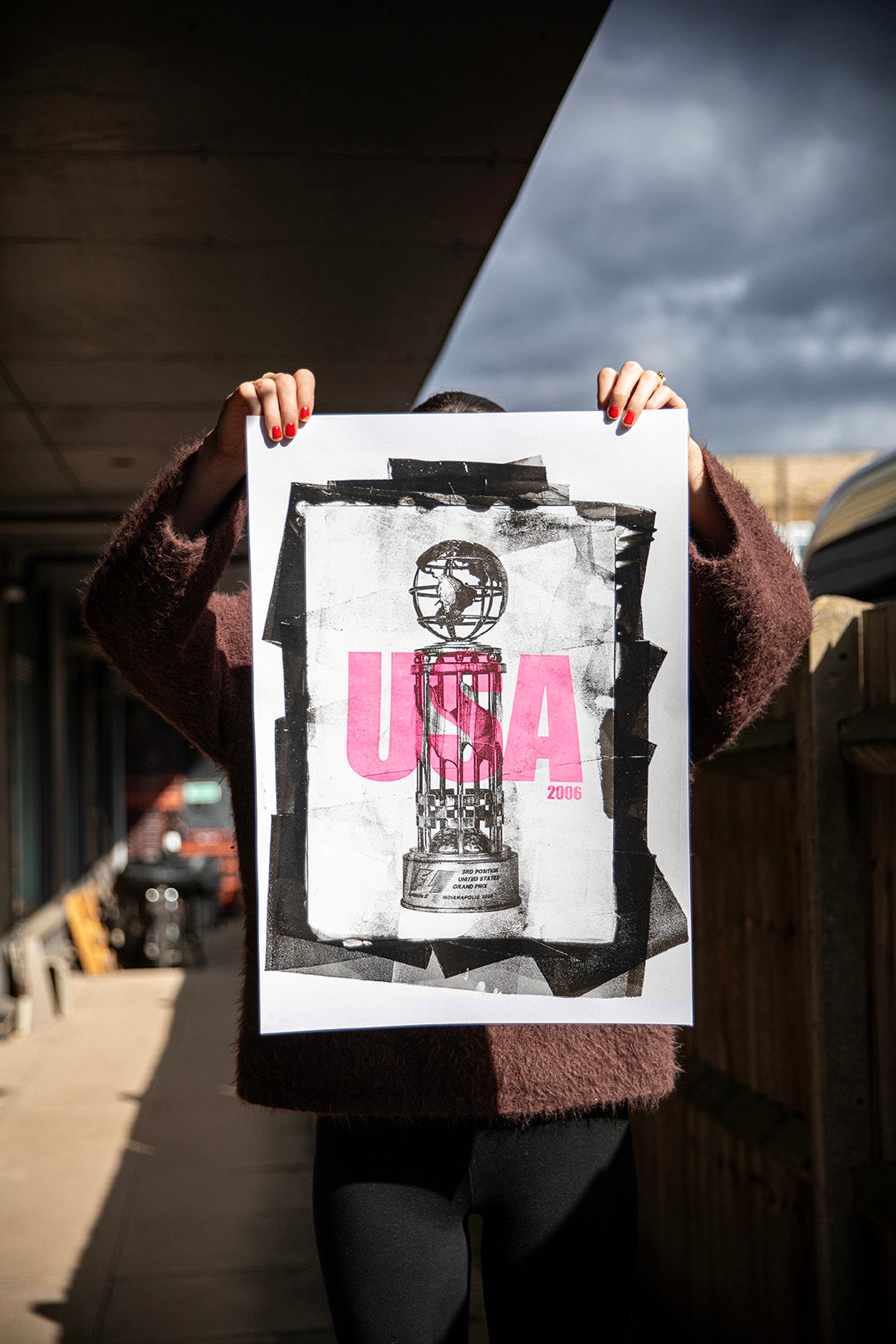 Tom Butler Print of USA F1 trophy from 2006. Won by Giancarlo Fisichella of Rena of Renault. Full length image, big pink text