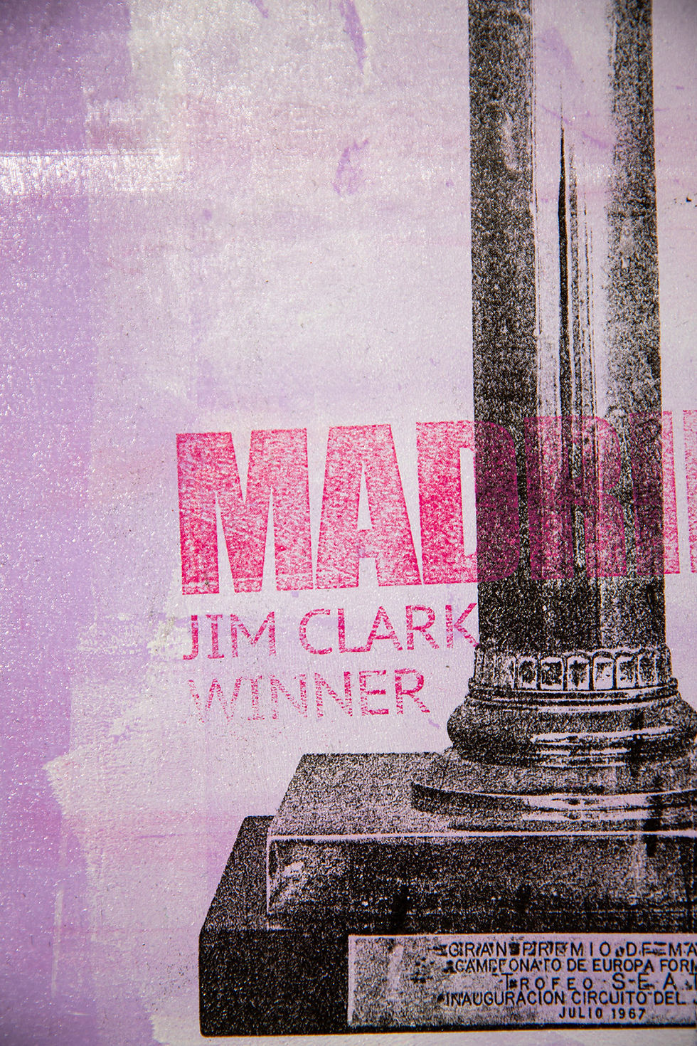 Thumbnail: Tom Butler Print Madrid 1967 F1 Seat trophy. Won by Jim Clark in his Lotus 49 detail with purple graphic