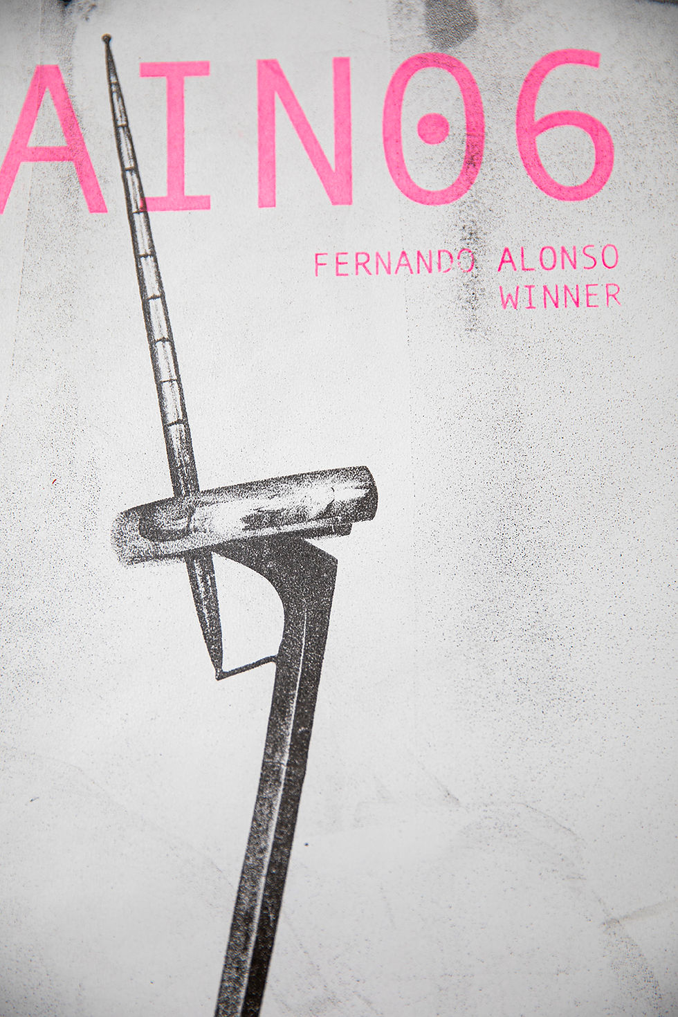 Tom Butler Print of Spanish F1 trophy from 2006. Won by Fernando Alonso of Renault. details, b/w pink text