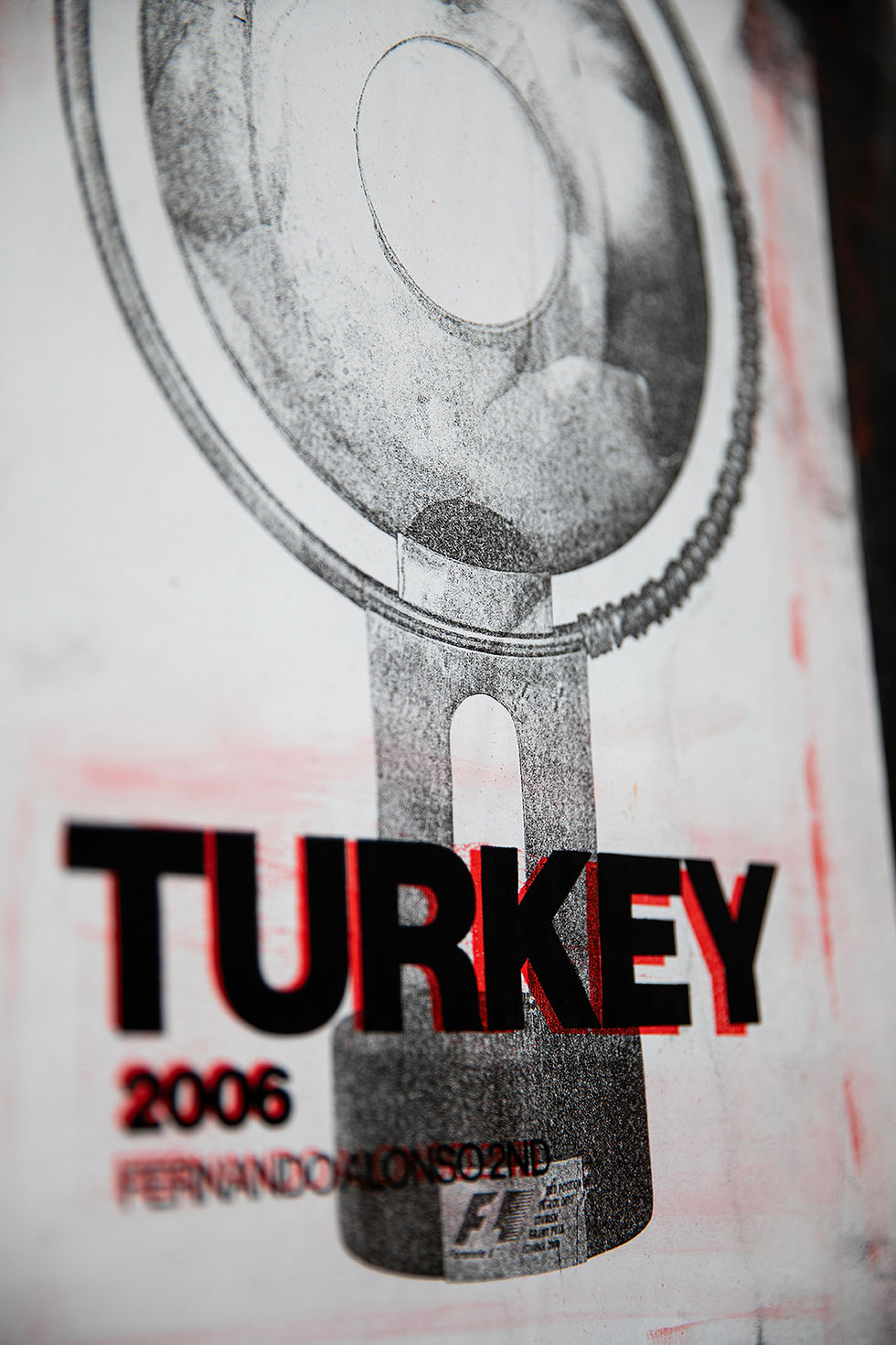 Tom Butler Print of Turkish F1 trophy from 2006. Won by Fernando Alonso of Renault. detail, black red text