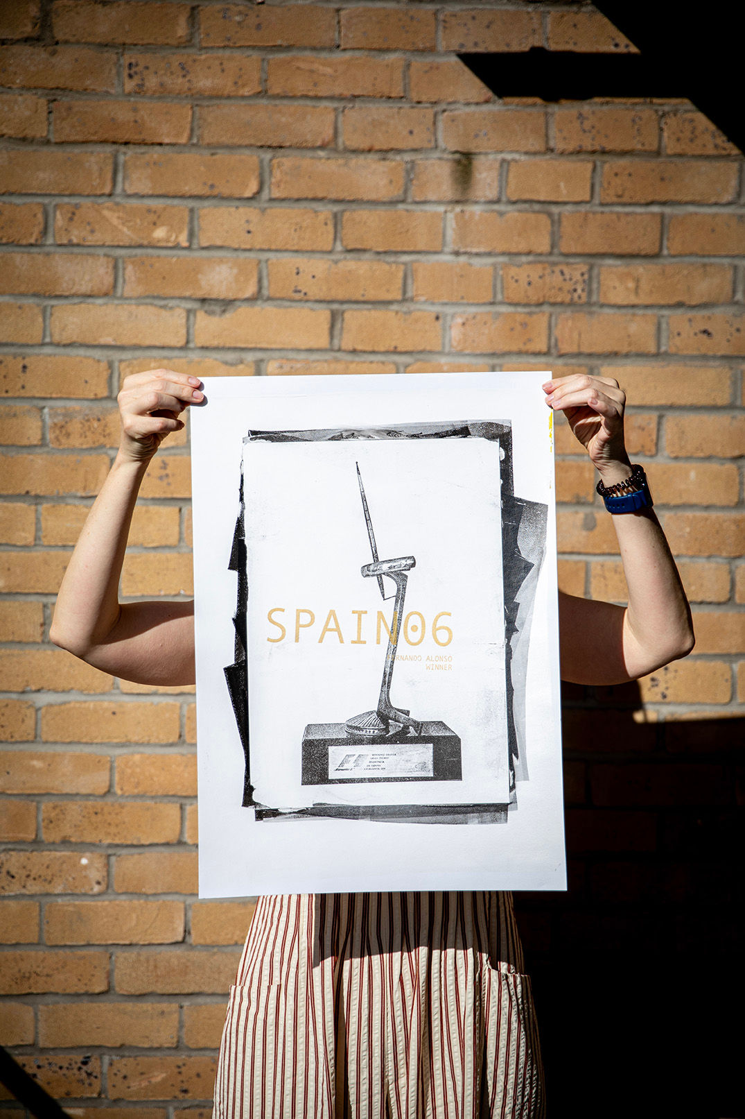 Tom Butler Print of Spanish F1 trophy from 2006. Won by Fernando Alonso of Renault. Full length image, gold yellow text