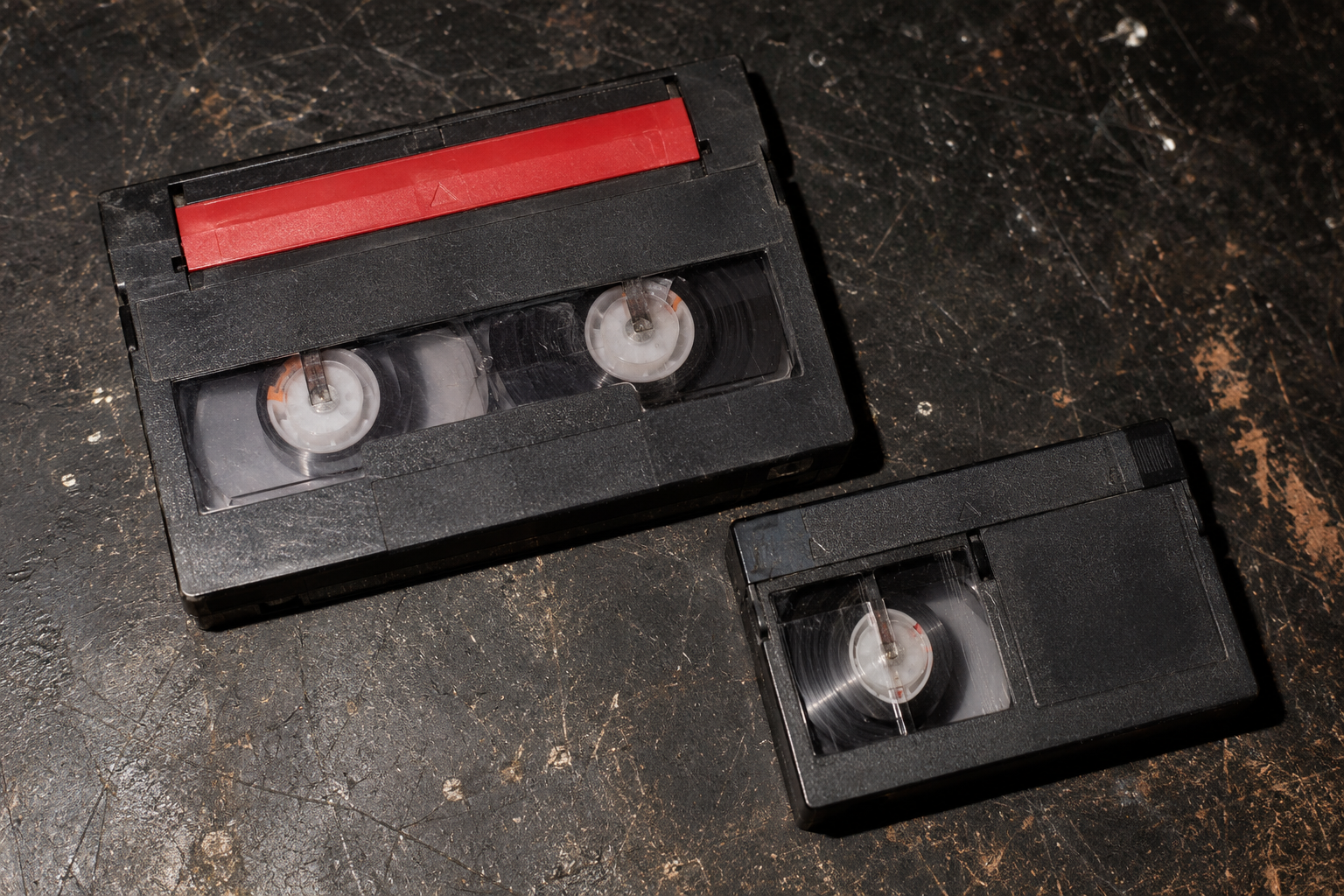 Fotografía real de casetes Hi8 y MiniDV junto a una videocámara
