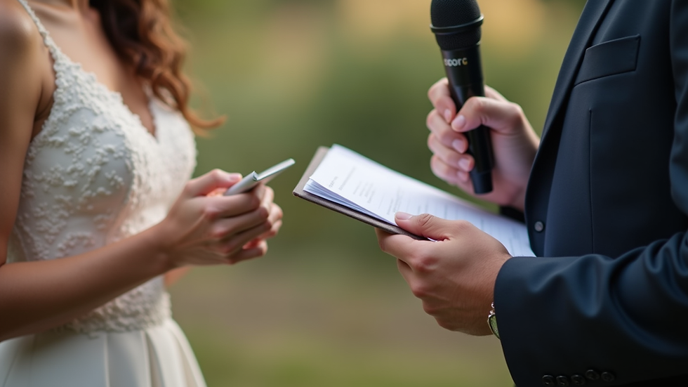 Close-up view of a wedding officiant’s hands holding a microphone and notes