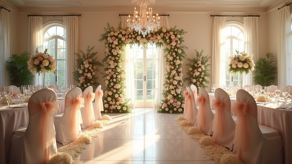 Wide angle view of a beautifully decorated wedding venue