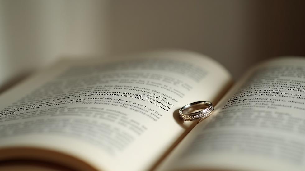 Eye-level view of a wedding ring resting on a book