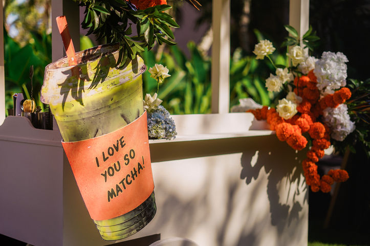 Personalized matcha glass with custom wedding label in Bali