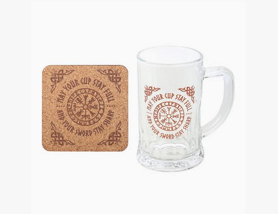 Viking Compass Glass Beer Tankard with Coaster