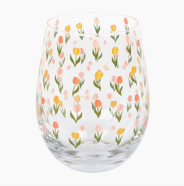 Spring Tulip Print Stemless Glass