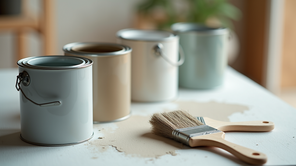 Close-up view of paint cans and brushes arranged on a table ready for an interior painting job