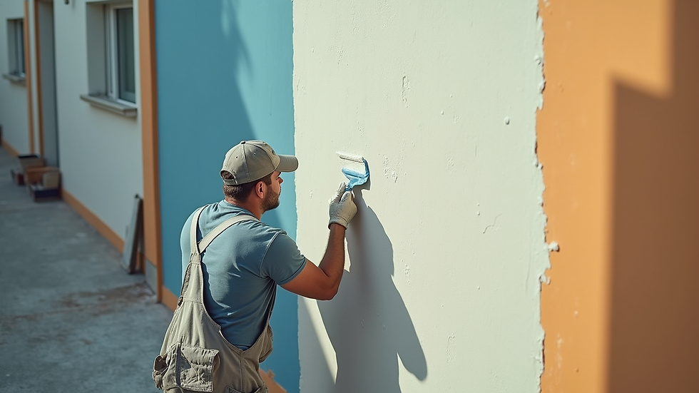 High angle view of painter preparing exterior wall for painting