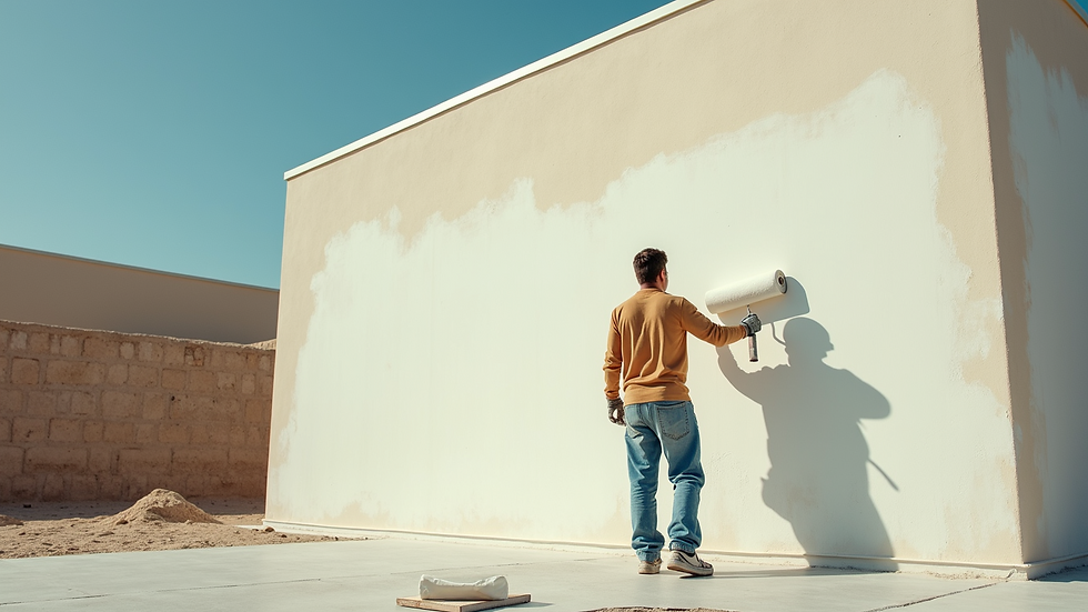 Painter rolling paint on exterior wall