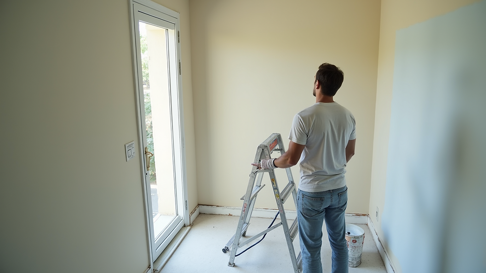 High angle view of a painter preparing walls for painting