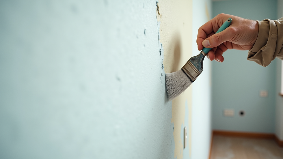 Eye-level view of painter applying primer on a wall