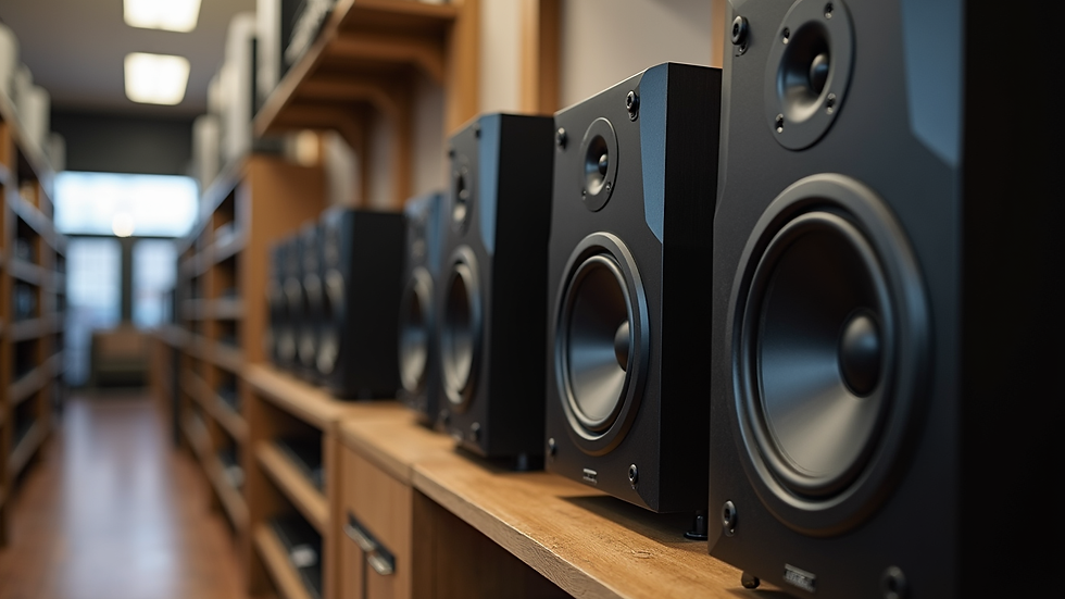 Eye-level view of a HiFi speaker display in a Durbanville store