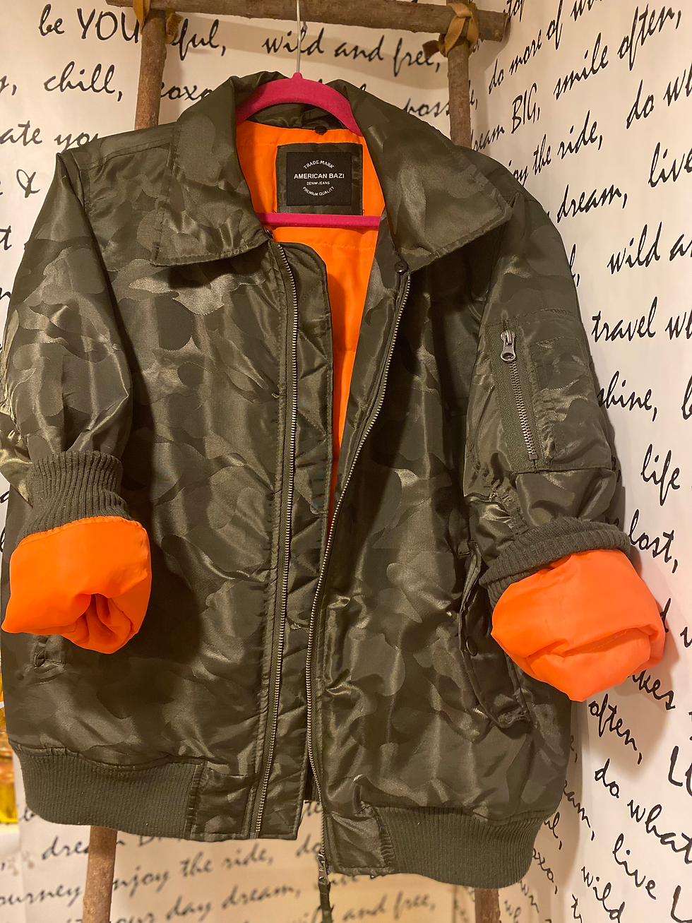 Thumbnail: Camouflage Printed Bomber Jacket with Orange Lining