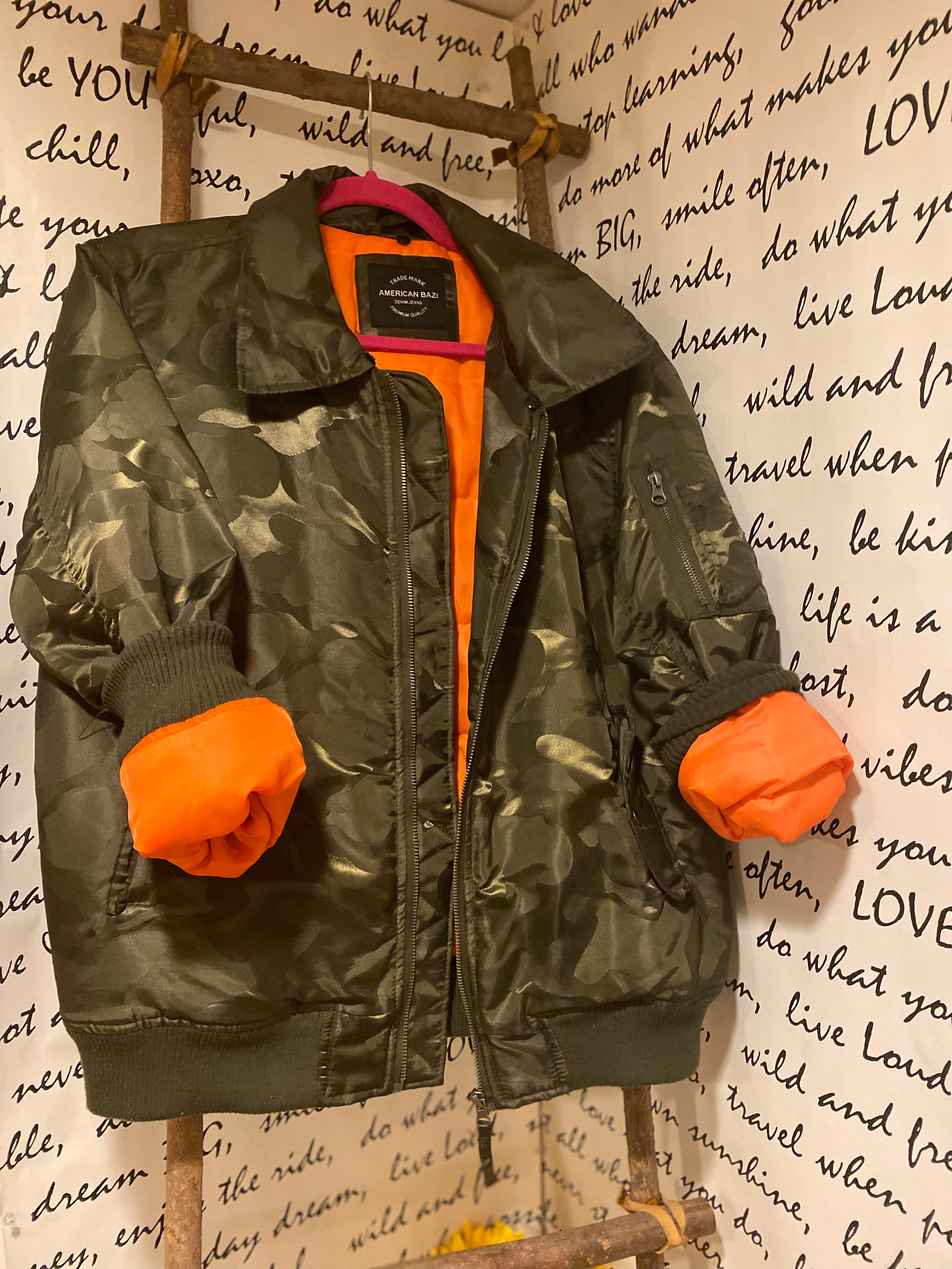 Camouflage Printed Bomber Jacket with Orange Lining