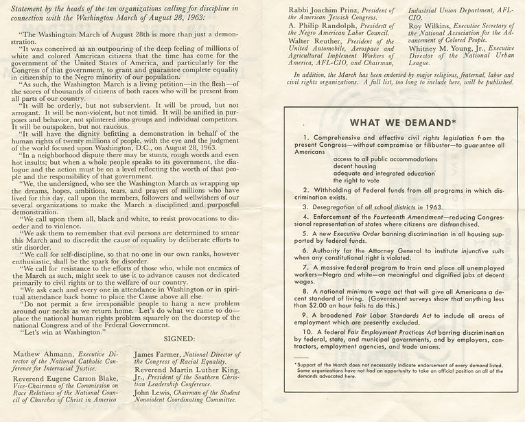 Program page from the March on Washington for Jobs and Freedom. The right page features a boxed list of the march's key demands, including comprehensive civil rights legislation, desegregation, voting rights protections, fair employment practices, equal access to education and public accommodations, job creation, and a higher minimum wage.