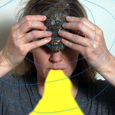 artist holds rock to head. yellow digital paint pours from mouth. thin blue spiral spins out from rock and head.
