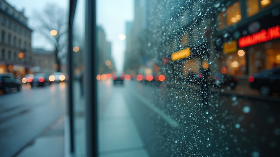 Close-up view of a sparkling clean window with city reflections