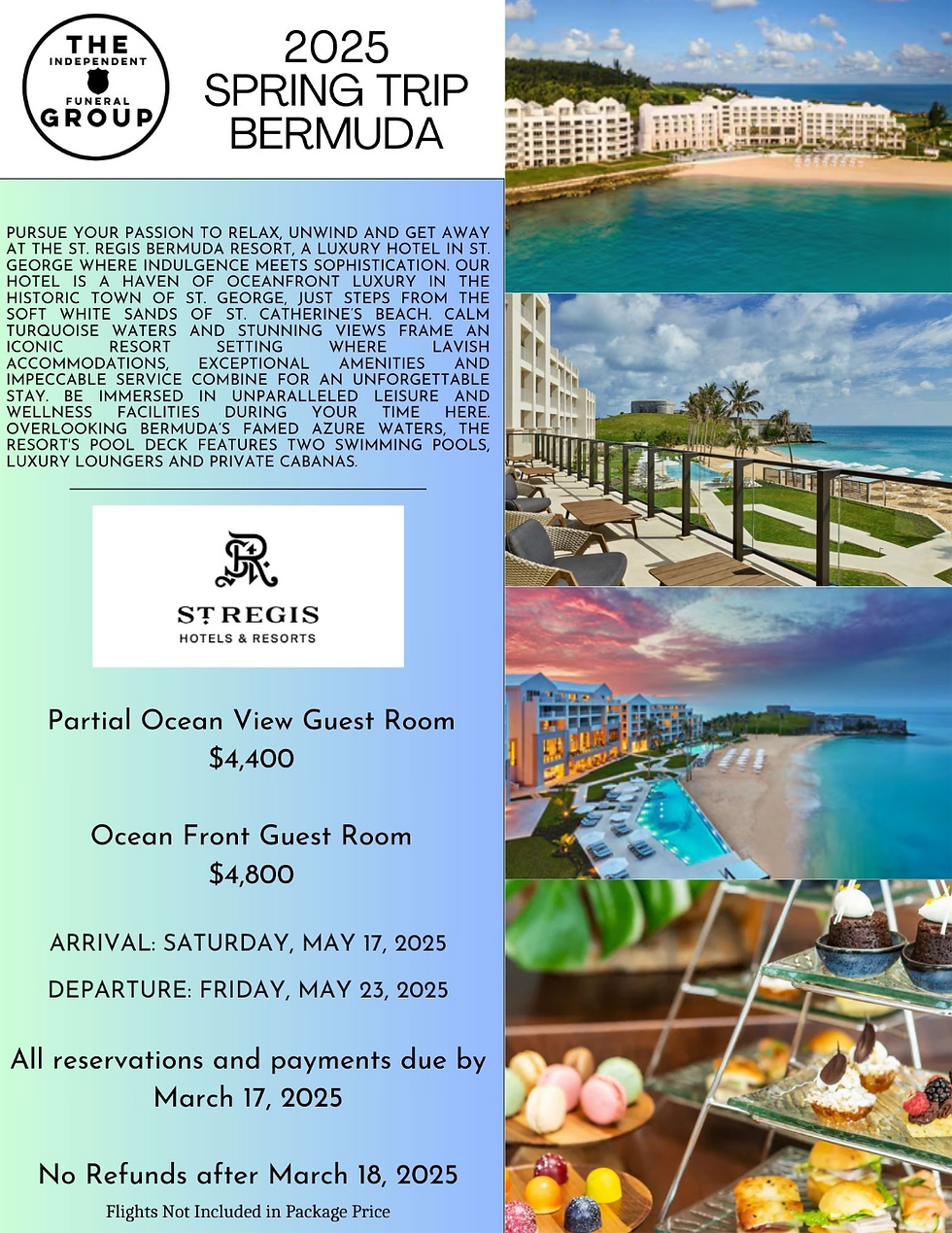 Pursue your passion to relax, unwind and get away at The St. Regis Bermuda Resort, a luxury hotel in St. George where indulgence meets sophistication. our hotel is a haven of oceanfront luxury in the historic town of St. George, just steps from the soft white sands of St. Catherine’s Beach. Calm turquoise waters and stunning views frame an iconic resort setting where lavish accommodations, exceptional amenities and impeccable service combine for an unforgettable stay. Be immersed in unparalleled leisure and wellness facilities during your time here. Overlooking Bermuda’s famed azure waters, the resort's pool deck features two swimming pools, luxury loungers and private cabanas. Partial Ocean View Guest Room $4,400  Ocean Front Guest Room $4,800; Arrival: Saturday, May 17, 2025  Departure: Friday, May 23, 2025. All reservations and payments due by March 17, 2025  No Refunds after March 18, 2025. Flight not included in package price.