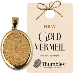 Card reading "NEW Gold Vermeil now available from Thumbies" with image of sample thumbprint jewelry