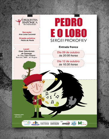 Cartaz do concerto "Pedro e o Lobo". Na imagem tem um personagem ilustrado representando o Pedro e um personagem representando o Lobo. Ambos estão felizes e cantando.